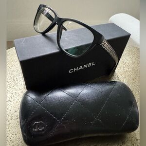 CHANEL Black Women's Eyeglasses with Silver-Tone Logo Temples